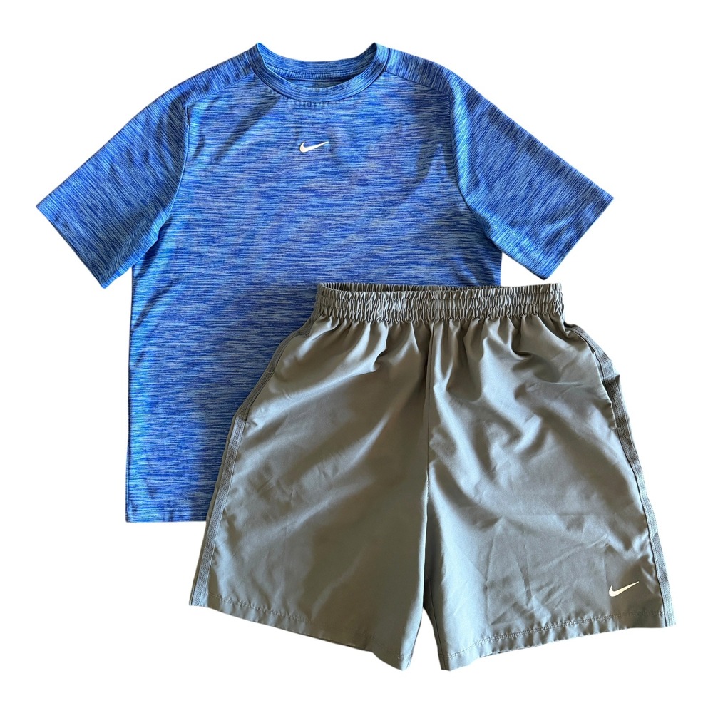 Nike Boys Royal Blue Gray Dri-FIT Athletic Shirt Shorts Outfit - Youth XL